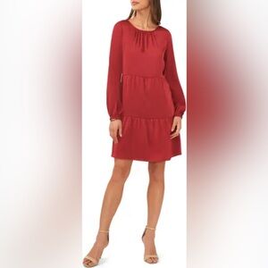 Halogen Dress Solid Long Sleeve Tiered Dress In Earth Red Size Small NWOT